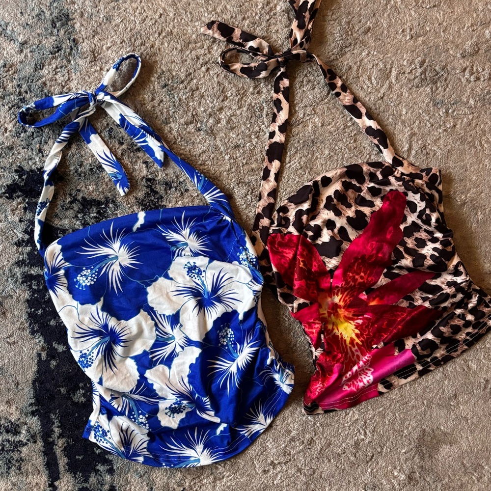Womens XS summer halter top ( set of two) leopard / cheetah print & blue flowers